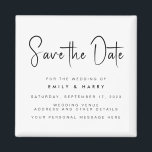 Imán Boda Minimalista moderna salva la fecha<br><div class="desc">Un simple moderno salva el imán de la fecha. Personalice este minimalista diseño en blanco y negro para que tenga sus datos personales y su mensaje. Presenta tipografía de caligrafía de script y fondo de imagen purpurina falso.</div>