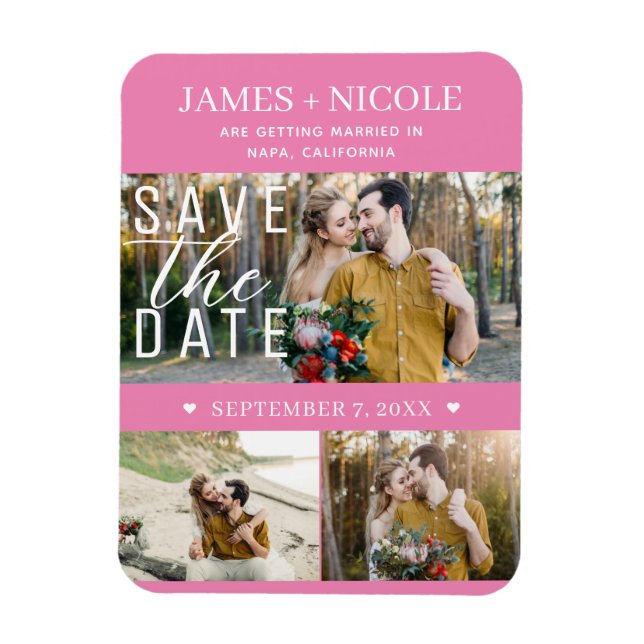 Imán Boda moderna rosa para guardar la fecha con 3 foto (Vertical)