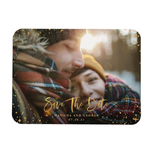 Imán Boda moderno con guión de estrellas doradas (Horizontal)