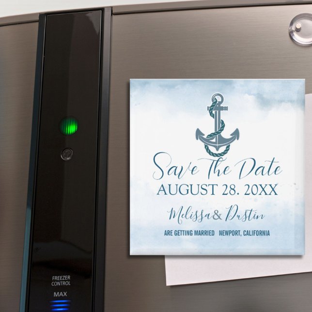 Imán Boda Náutica De Anclaje De Playa Azul Salve La Fec (Blue Beach Anchor Nautical Wedding Save The Date Magnet)