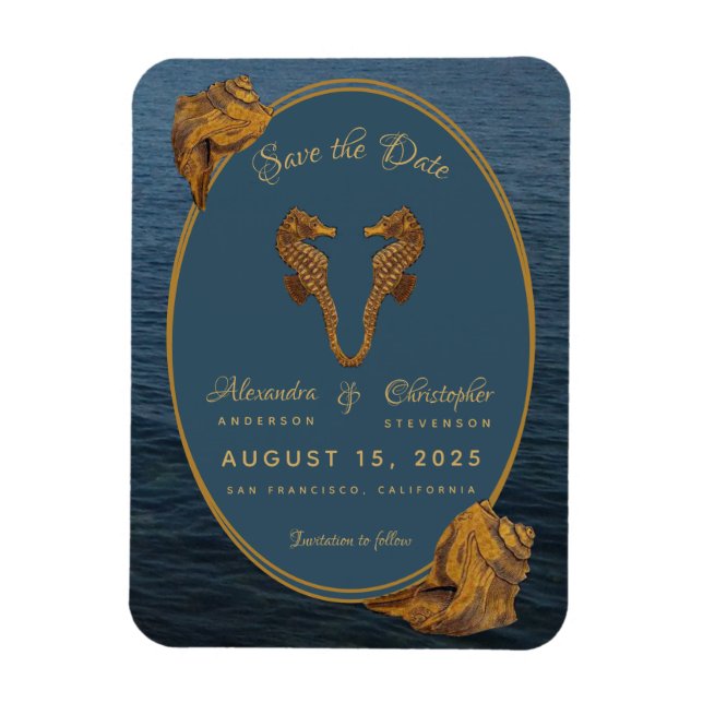 Imán Boda Nautical Gold Seahorse Beach Wedding Save the (Vertical)