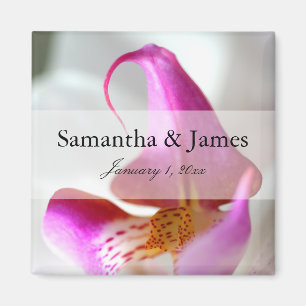Imán Boda personal de orquídeas moradas y blancas