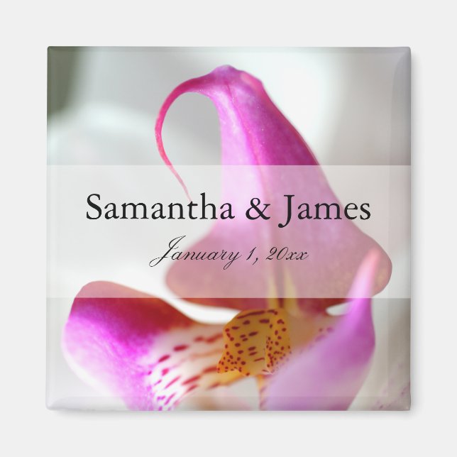 Imán Boda personal de orquídeas moradas y blancas (Frente)