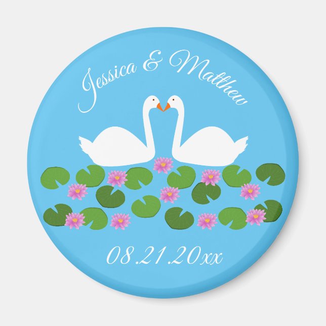 Imán Boda personalizada de cisnes blancos y lirios de a (Frente)