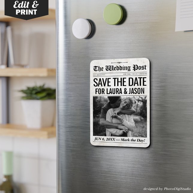 Imán Boda personalizada Guardar el periódico de invitac (Custom Wedding Save the Date Invitation Newspaper Magnet)
