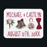 Imán Boda personalizado Bell Flowers Bowtie Bouquet<br><div class="desc">El diseño del Magnet presenta un ilustracion original de una serie de diseños bodas clásicos que incluyen una campana,  una bolera,  un ramo de flores y un boutonniere. Sólo personaliza con tu información. ¿No ves exactamente lo que buscas? Contacte con Rebecca para tener un producto personalizado sólo para usted!</div>