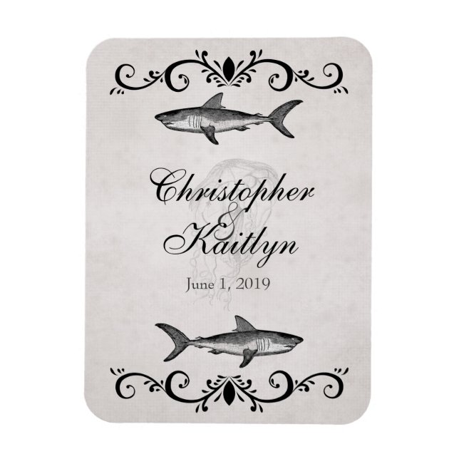 Imán Boda personalizado de tiburones y medusas (Vertical)