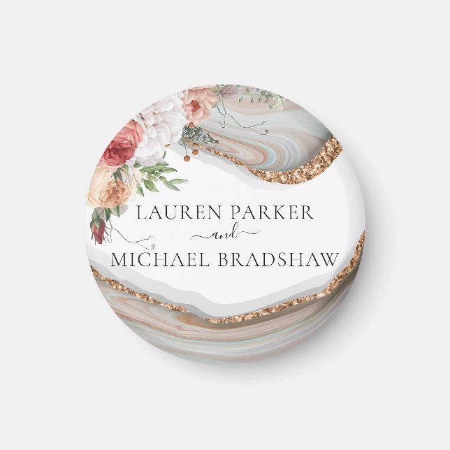 Imán Boda Purpurina de lujo de Marble Floral (Frente)