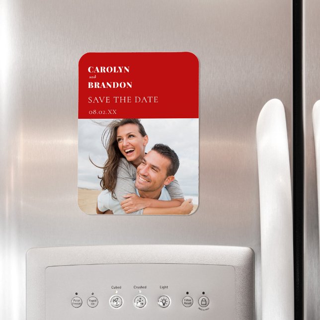 Imán Boda roja moderna salva la fecha (Modern simple red minimalist wedding save the date magnet)