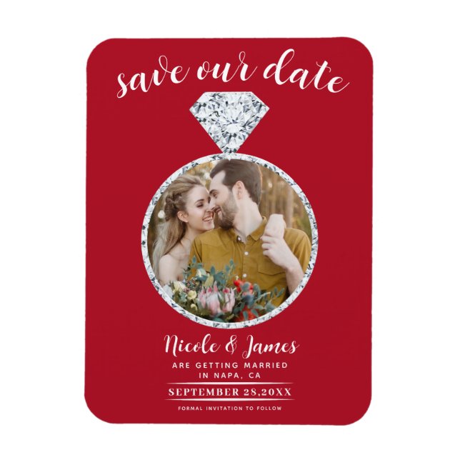 Imán Boda Rojo Ring Bling Photo Save the Date (Vertical)