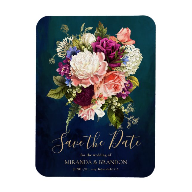 Imán Boda romántico floral esmeralda verde oro (Vertical)