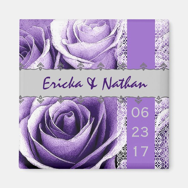 Imán Boda rosa morado y plateado Bouquet con encaje (Frente)