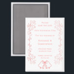 Imán Boda Rosada Salve Las Bells De La Fecha Magnet<br><div class="desc">La boda salva el diseño de las campanas de imán de fecha. Personalizar esta boda rosa ahorra el imán de fecha con los detalles de su boda. Si necesita ayuda para personalizar, póngase en contacto con nosotros a través del enlace de esta página. Diseño de campanas de color rosa boda...</div>