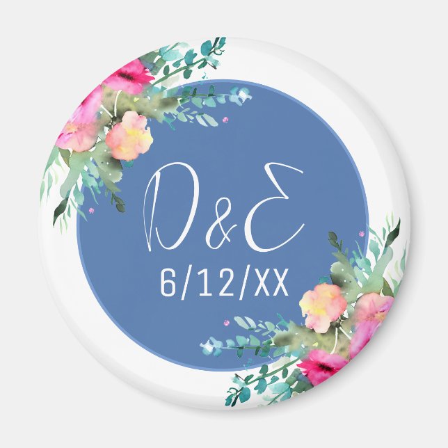 Imán Boda Rosebud rosa floral azul personalizado (Frente)