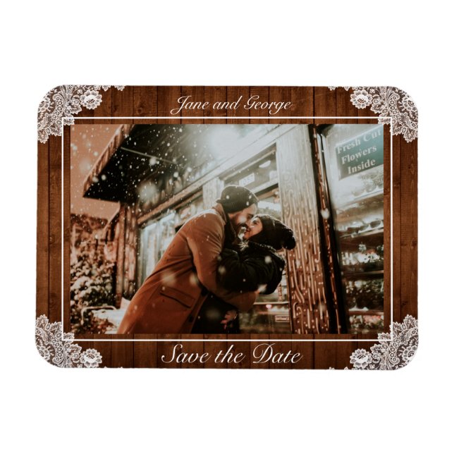 Imán Boda Rustic Wood & White Lace (Horizontal)