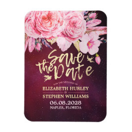 Imán Boda Salvar La Fecha Floral Feathers Burgundy Red