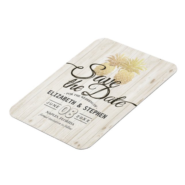 Imán Boda Salvar La Fecha Oro Pineapples Madera Rústica (Lado Izquierdo)