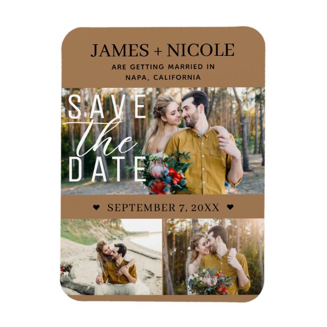 Imán Boda Save the Date Marrón Moderno 3 Fotos (Vertical)