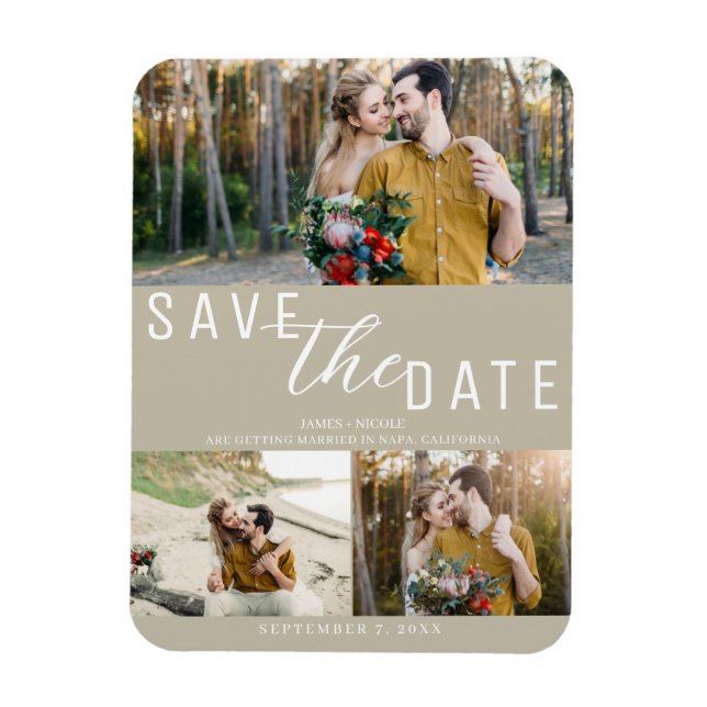 Imán Boda Tan Beige Save the Date 3 Fotos (Vertical)