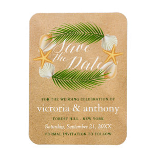 Imán Boda Tropical Wreath Sandy Beach Save The Date