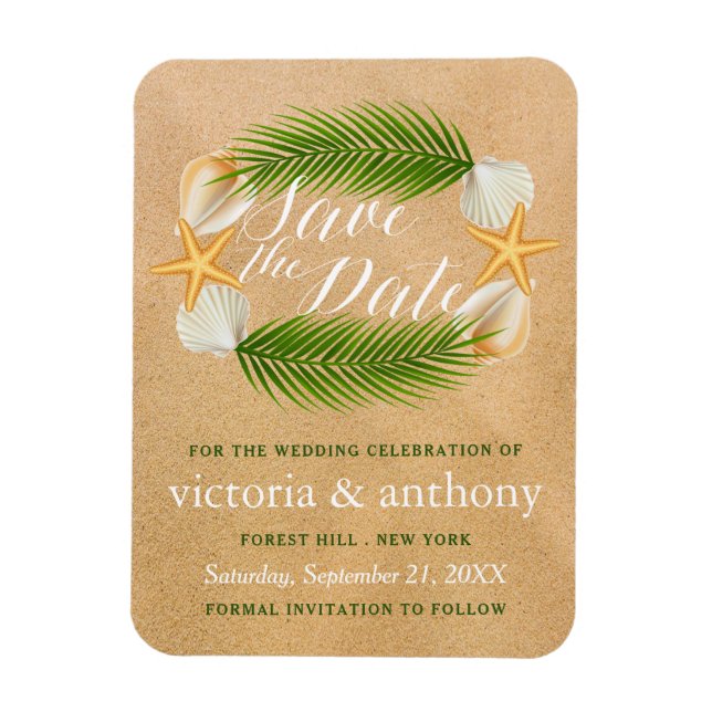 Imán Boda Tropical Wreath Sandy Beach Save The Date (Vertical)