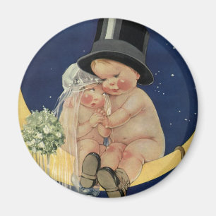 Imán Boda Vintage, Novia y Novio Adorables en una Luna