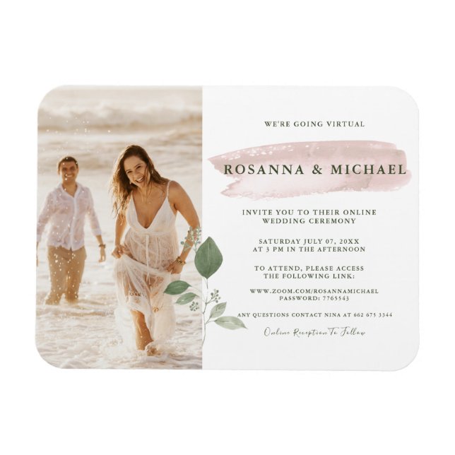 Imán Boda Virtual con Salpicaduras de Acuarela Rosa y V (Horizontal)