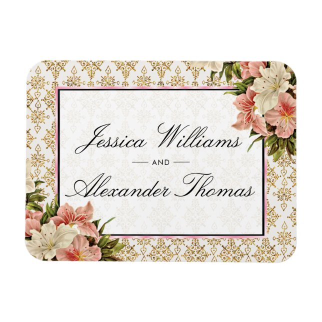 Imán Bodas con ramos de primavera chic y brillos dorado (Horizontal)