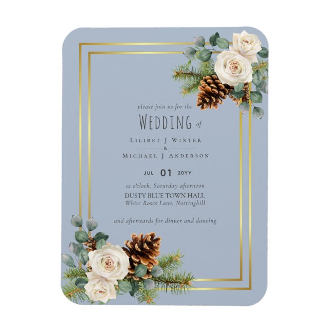 Imán Bodas de Invierno Rosas Blancas Polvo Dorado Azul  (Vertical)