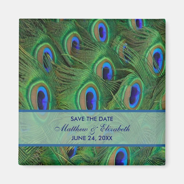 Imán Bodas de Plumas de Pavo Real Verde Esmeralda Azul  (Frente)