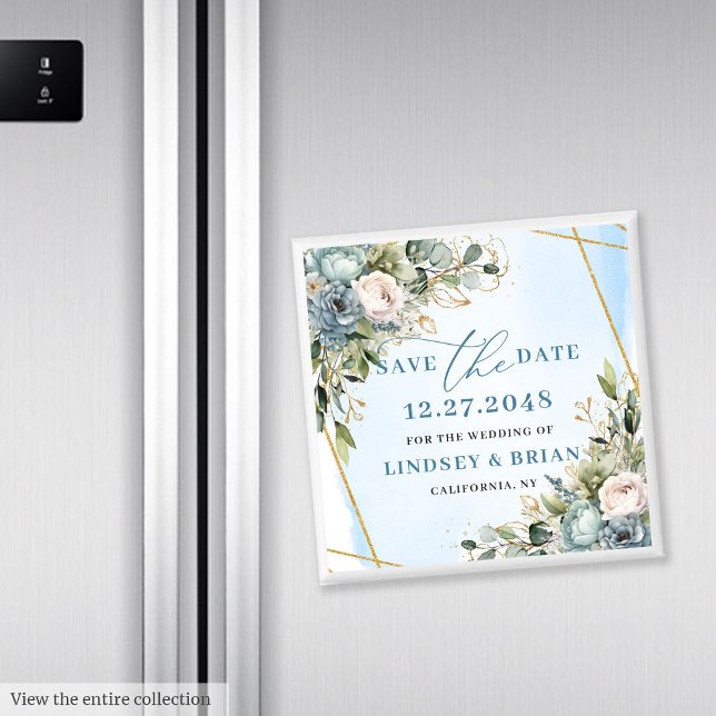 Imán Boho Azul Floral Dorado Marco Sin Fecha de Caducid (Timeless Blue Floral Gold Frame Save The Date Magnet

)