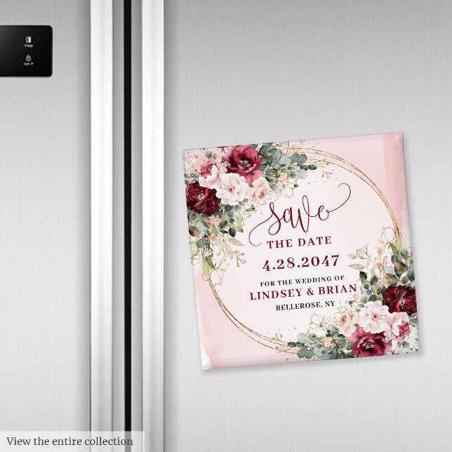 Imán Boho Burgundy Glamuroso Rubor Floral Dorado Fecha (Glamorous Boho Burgundy Blush Gold Floral Save the Date Magnet

)