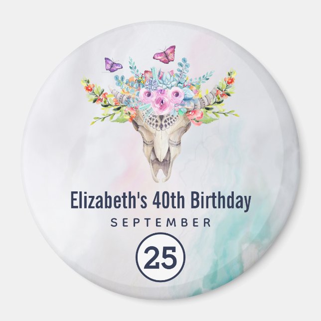 Imán Boho Calavera con un ramo floral Save the Date (Frente)