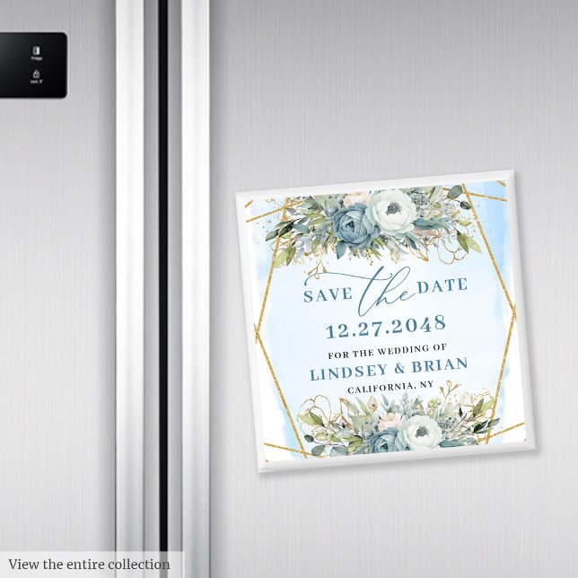 Imán Boho Dusty Azul Blanco Peonía Floral Guardar la Fe (Boho Dusty Blue White Peony Floral Save the Date)