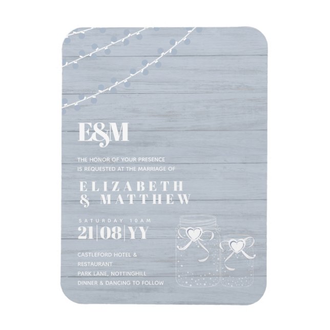 Imán BOHO Dusty Blue Driftwood Mason Jars Boda (Vertical)