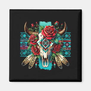 Imán Boho floral cráneo de toro rosas azteca vaquera oc