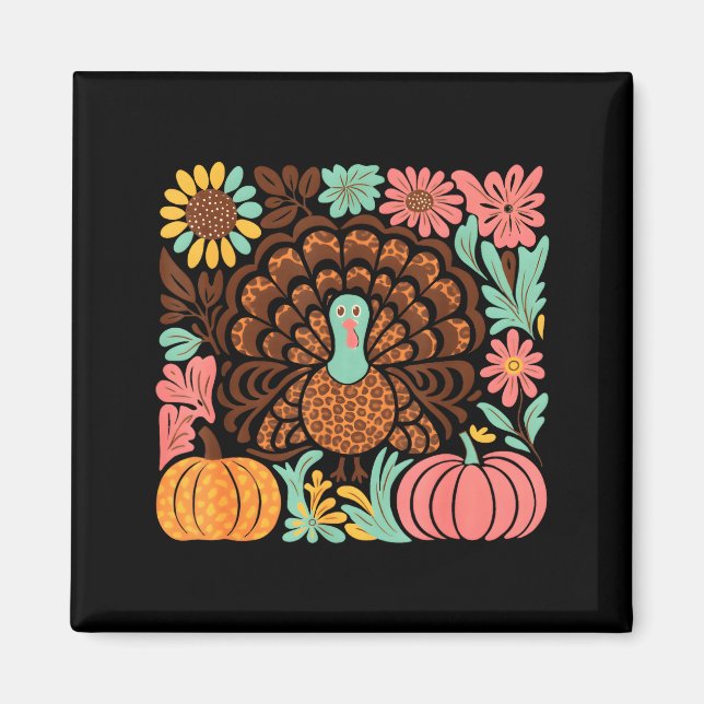 Imán Boho Floral Fall Turkey Pumpkin Thanksgiving Girl  (Frente)