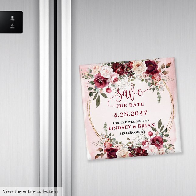 Imán Boho Glamuroso Borgoña Rubor Dorado Salva la Fecha (Glamorous Boho Burgundy Blush Gold Save the Date Magnet

)