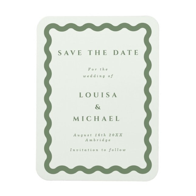 Imán Boho Green Wavy Frame Wedding Save the Date Magnet (Vertical)