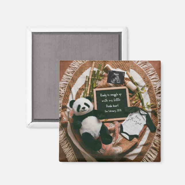 Imán Boho Neutral Panda Pregnancy Announcement gift (Anverso/Reverso)