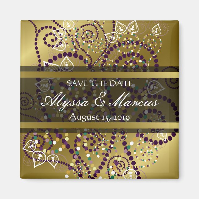 Imán Boho Purple Dotted Spirted Moda Gold Save The Date (Frente)