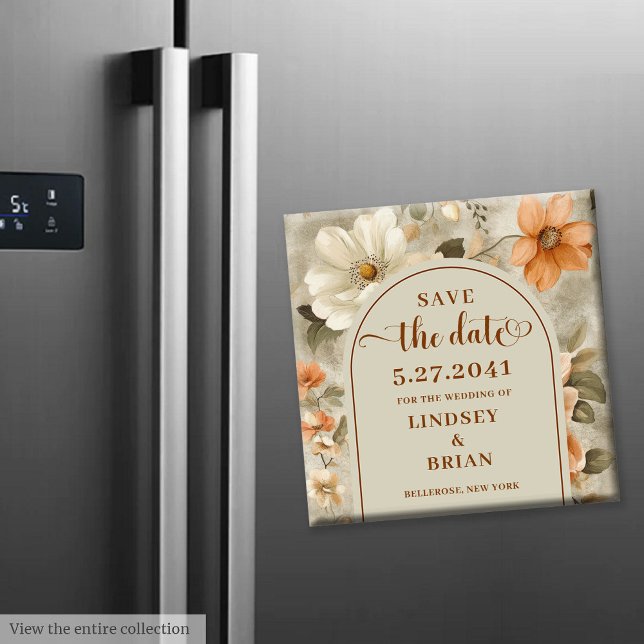 Imán Boho Rústico Naranja Quemado Marfil Olivo Salvar l (Rustic Boho Burnt Orange Ivory Olive Save the Date)