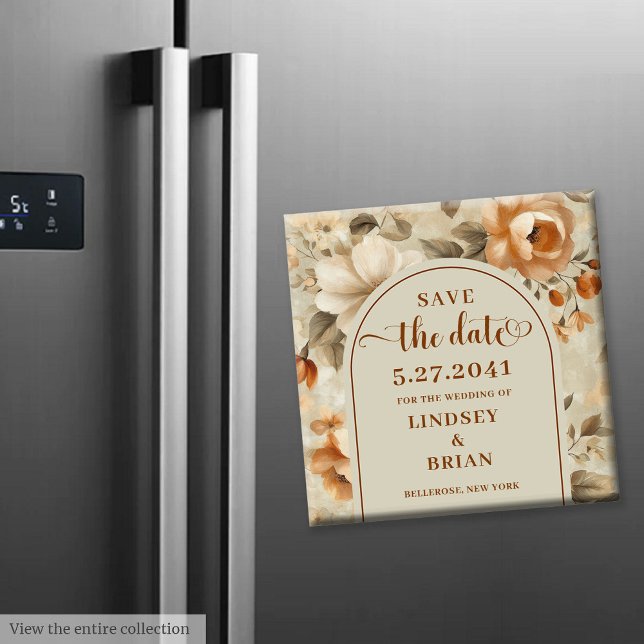 Imán Boho Tendencia Copper Marfil Olivo Floral Salva Fe (Trendy Boho Copper Ivory Olive Floral Save Date magnet )