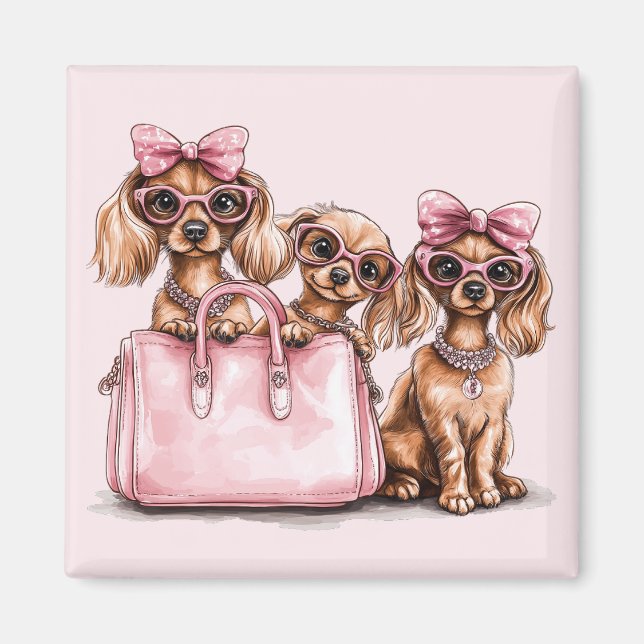 Imán Bolsa rosa de los perros Dachshund (Frente)