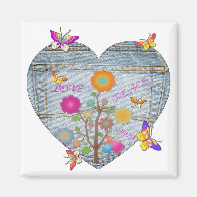 Imán Bolsillo de mezclilla Corazón Flores Mariposas (Frente)