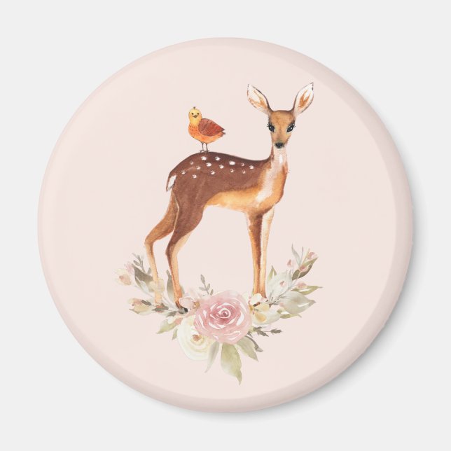 Imán Bonito Brown Fawn con pájaro y Rosas (Frente)
