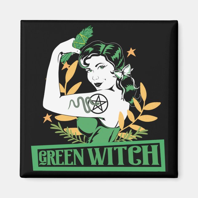 Imán Bonito de bruja verde Pin Up Tattooed Musoman (Frente)