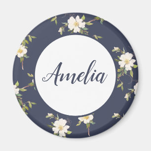Imán Bonito floral personalizado de Navy y blanco 