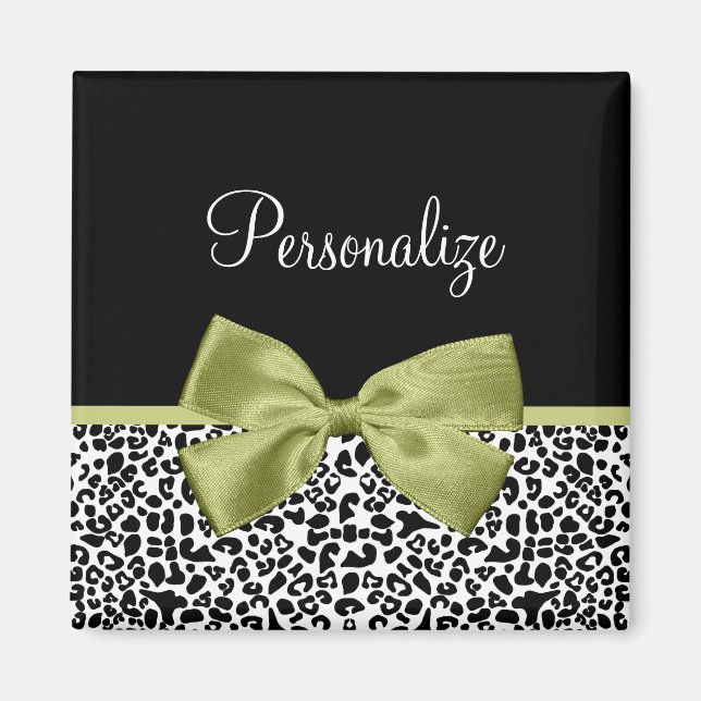 Imán Bonito Leopard Print Spring Green Bow con nombre (Frente)