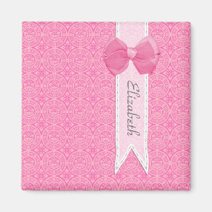 Imán Bonito Medallero Rosa Damask Cute Bow Con Nombre